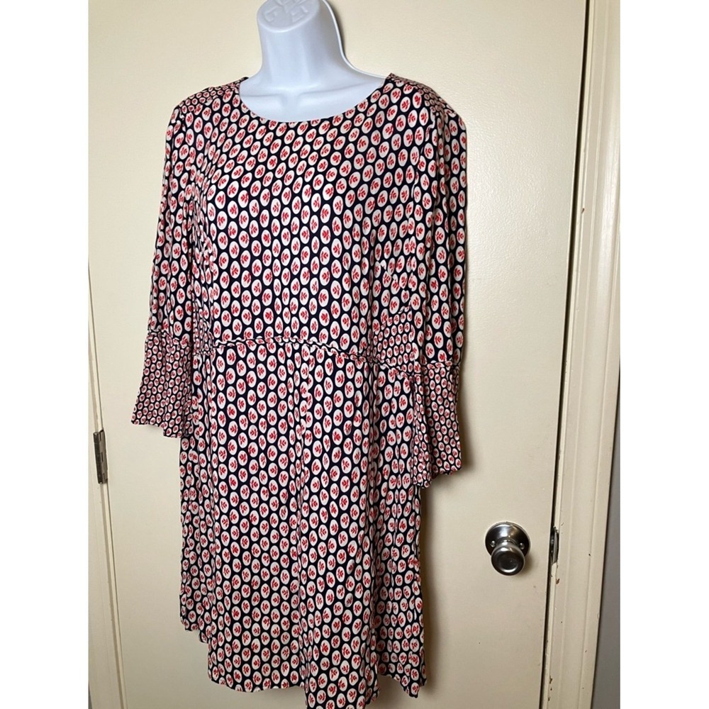 Boden Navy Red Print Shift Dress Bell Sleeve Mod Retro Tunic Size 12L